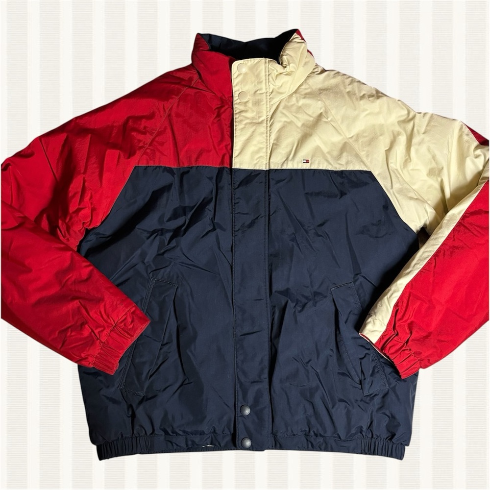 tommy hilfiger men’s navy & red colorblock puffer jacket